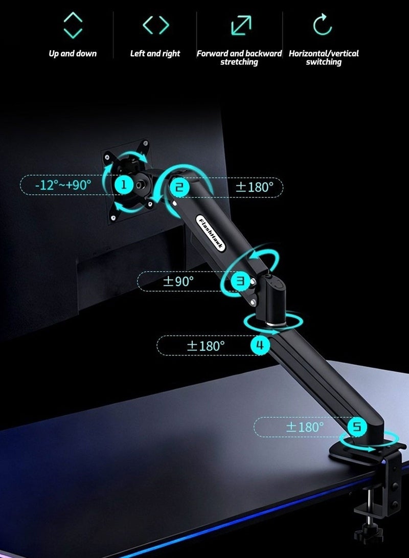 FlashHawk Single Monitor Arm Desk Mount – Gas Spring Stand for 17-32 Inch Screens, Full Motion Height Adjustable, Tilt Swivel Rotate, VESA 75/100mm, 2-9kg Load, Quick Release VESA & Tool-Free Install - Black - Image 5